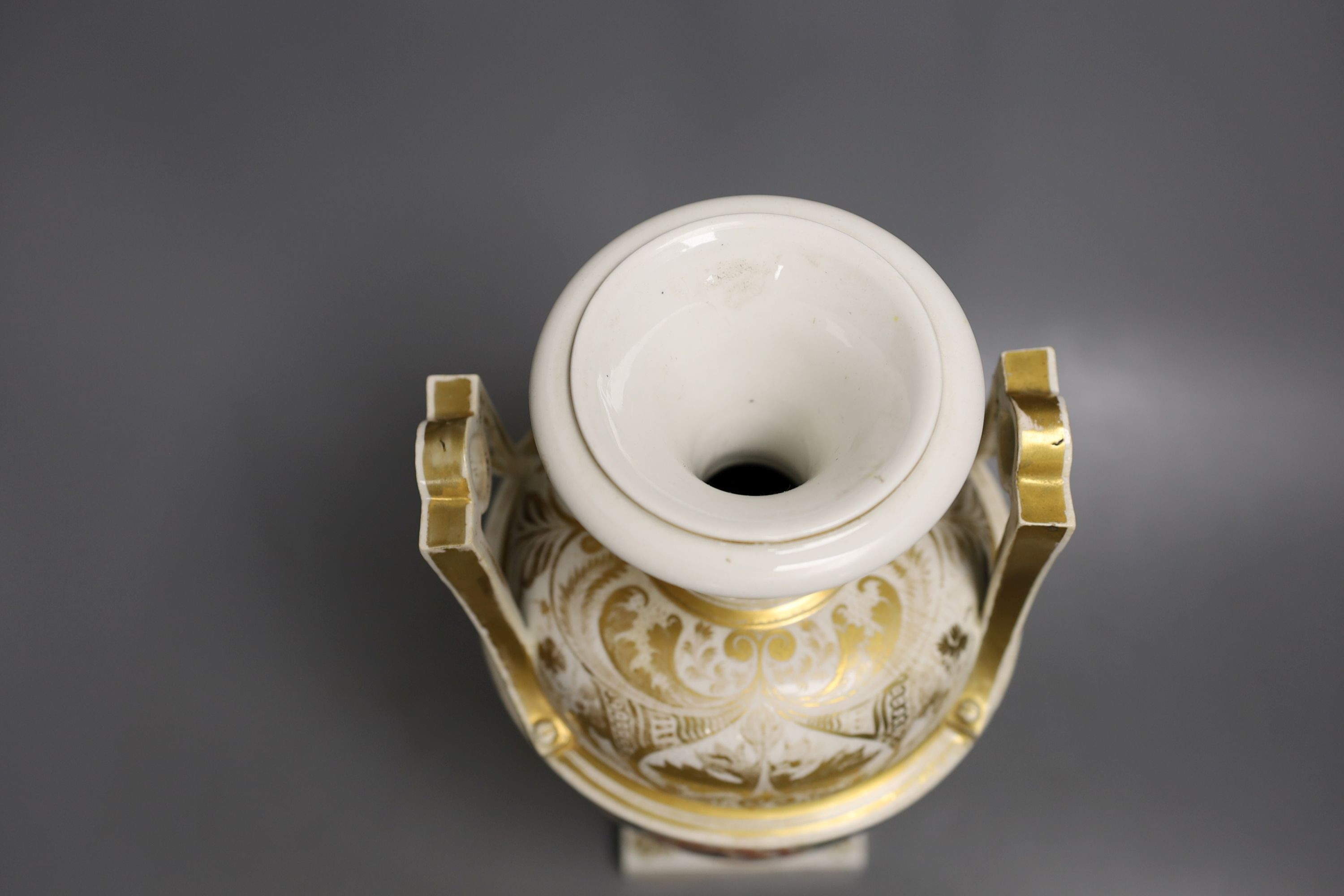 A Derby vase painted with flowers on a dark grey ground, painted by William 'Quaker' Pegg, red mark c.1820, 31.5cm high